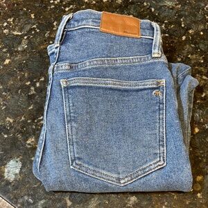 Madewell High-Rise Jeans in Medium Blue with Tan Leather Patch